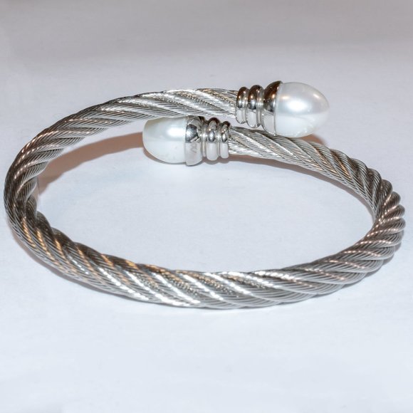 Sterling Silver Cultured Freshwater Pearl By-Pass Bangle  Cultured Freshwater Pearl Bangle Bracelet in Stainless Steel